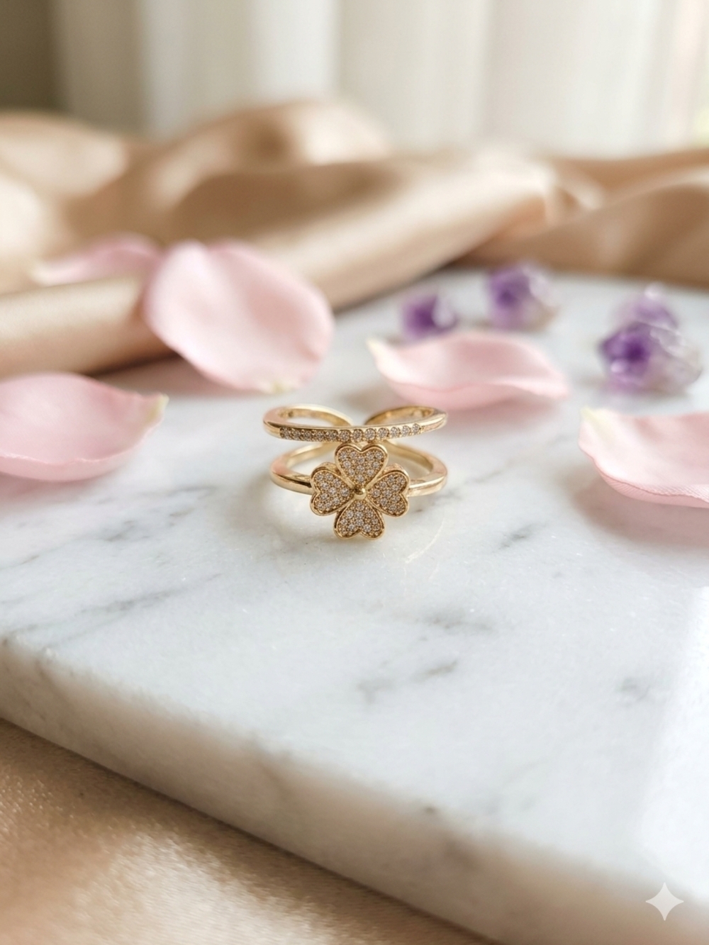 Dainty Gold Clover Stack Ring with Pavé Accents